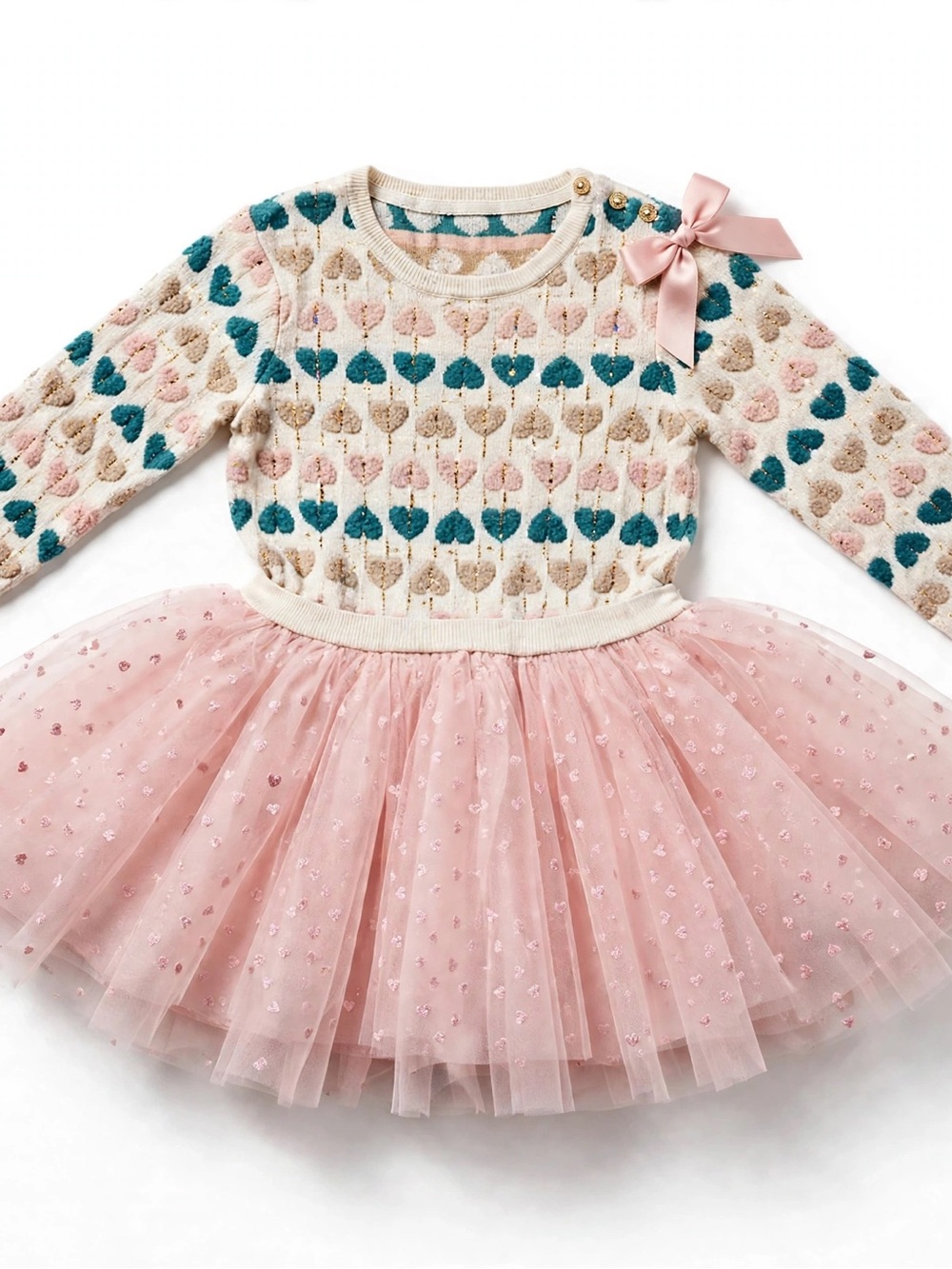 Rare Editions Cream Sweater Dress with Teal, Pink & Gold Hearts